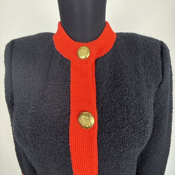 Vintage 1980s Adolfo New York Black Boucle Long Cardigan Knit Coat Dress - Picture 9 of 14